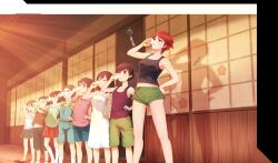 4boys 4girls barefoot black_hair black_tank_top blue_overalls blue_shorts brown_hair cinderella_series cup dress drinking drinking_glass game_cg green_shirt green_shorts hachigatsu_no_cinderella_nine hand_on_own_hip highres holding holding_cup indoors medium_hair multiple_boys multiple_girls non-web_source official_art overalls pink_shirt red_eyes red_hair red_skirt senba_amiko senba_ayako senba_keita senba_mayuko senba_namiko senba_shouta senba_souta senba_youta shirt short_hair short_sleeves shorts shouji skirt sleeveless sleeveless_dress sliding_doors socks standing tank_top white_dress white_socks wind_chime wooden_floor