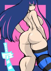 absurdres ass blue_eyes blue_hair breasts breasts_out charge_sol from_behind highres huge_ass long_hair looking_at_viewer looking_back multicolored_hair pink_hair stocking_(psg) sword thighhighs thighs weapon