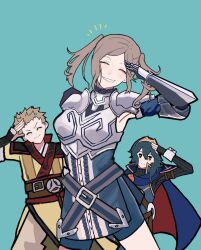 1boy 2girls absurdres armor armpits blonde_hair blue_background blue_cape blue_eyes blue_gloves blue_hair brand_of_the_exalt breastplate brown_hair cape closed_eyes closed_mouth cynthia_(fire_emblem) dress facing_viewer fingerless_gloves fire_emblem fire_emblem_awakening gauntlets gloves hair_between_eyes highres long_hair long_sleeves looking_at_viewer lucina_(fire_emblem) multiple_girls nintendo owain_(fire_emblem) ponzuponta39 red_cape salute short_hair shoulder_armor smile spiked_hair symbol_in_eye teeth tiara twintails two-tone_cape
