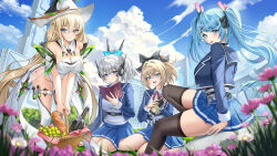 4girls absurdres aliz_(starward) blonde_hair blue_eyes blue_hair breasts cityscape cleavage cloud cloudy_sky ether_(starward) grey_hair hair_between_eyes hair_ribbon hat high_ponytail highres hikari_(starward) jacket kaze_(starward) large_breasts leotard long_hair looking_at_viewer low_twintails medium_breasts multiple_girls official_alternate_costume open_mouth picnic picnic_basket pleated_skirt ponytail ribbon school_uniform shirt skirt sky smile ssong2 starward thighhighs tongue tongue_out twintails very_long_hair white_hat white_leotard white_thighhighs witch_hat