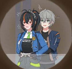 Rule 34 | !, !!, 1boy, 1girl, black gloves, black hair, black pants, black shirt, blue jacket, blush, breasts, caught, checkered necktie, coldplay kiss cam (meme), commentary, crossed bangs, english commentary, flying sweatdrops, gloves, green eyes, grey hair, hairband, high-waist pants, highres, holster, hug, hug from behind, jacket, large breasts, meme, metal hairband, multicolored hair, na (naneesan1), necktie, pants, police, police badge, police uniform, policewoman, ponytail, red eyes, red hair, shirt, short hair, shoulder holster, streaked hair, sweatdrop, turn pale, wavy mouth, wise (zenless zone zero), zenless zone zero, zhu yuan