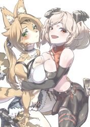 2girls :&lt; absurdres animal_ear_fluff animal_ears black_boots blonde_hair body_fur boots breast_press burnice_white choker cleavage_cutout clothing_cutout commentary_request denim denim_shorts facing_viewer furry furry_female green_eyes hair_ornament high_heels highres looking_at_viewer midriff multiple_girls open_mouth ponytail pulchra_fellini red_eyes short_hair shorts sitting skirt spikes striped_fur tail_raised thigh_strap user_chhh8335 wariza white_background yellow_fur zenless_zone_zero