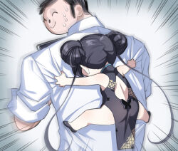 1boy 1girl doodle_sensei_(blue_archive) back_cutout black_dress black_footwear black_hair blue_archive braid braided_bun carrying carrying_person chibi china_dress chinese_clothes clothes_grab clothing_cutout collared_shirt commentary double_bun dragon_print dress emphasis_lines hair_bun kisaki_(blue_archive) long_hair nada_haruka no_halo print_dress sensei_(blue_archive) shirt size_difference sleeves_rolled_up smile sweat white_shirt