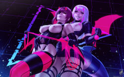2girls alternate_costume ball_gag bare_shoulders black_background black_gloves black_panties black_thighhighs blood breasts cameltoe cleft_of_venus elbow_gloves feet_out_of_frame fins fish_tail gag gawr_gura gloves grey_hair grin holding holding_gag holding_whip hololive hololive_english horns houshou_marine large_breasts long_hair looking_at_viewer medium_breasts multicolored_hair multiple_girls nipples panties pink_blood pussy red_hair red_horns reflect_(gawr_gura) shark_girl shark_tail shiny_skin smile streaked_hair tail teeth themaestronoob thighhighs two-tone_hair underwear unworn_gag virtual_youtuber wings