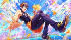 1boy black_hair blue_eyes blue_sky bouquet cloud cloudy_sky commentary_request confetti dated day flower full_body hair_between_eyes hairband happy_birthday headband highres holding holding_bouquet jojo_no_kimyou_na_bouken looking_at_viewer male_focus narancia_ghirga open_mouth orange_hairband orange_ribbon orange_skirt outdoors outstretched_hand pants petals purple_eyes purple_pants ribbon shirt shoes short_hair skirt sky sleeveless sleeveless_shirt smile soap_bubbles solo streamers teeth vento_aureo watawata_nr_(siroraku) wristband