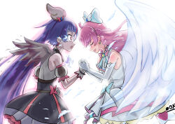 Rule 34 | 2girls, ahoge, angel wings, anime coloring, arm bow, bare shoulders, bird wings, black ox (0-max), black ribbon, black skirt, black sleeves, blue bow, blue hair, blue ribbon, blush, bow, bow skirt, bracelet, braid, brooch, center frills, closed eyes, cowboy shot, cure prism, cure sky, cure sky (dark), dark persona, detached sleeves, dress, dress bow, earrings, elbow gloves, face-to-face, feathered wings, feathers, flaming eye, frilled skirt, frilled sleeves, frills, from side, gloves, grey gloves, grey shirt, grey sleeves, grey wings, hair bobbles, hair bow, hair ornament, half up half down braid, heart, heart ahoge, high-waist skirt, highres, hirogaru sky! precure, holding hands, jewelry, lace, lace-trimmed skirt, lace trim, long hair, looking at another, miniskirt, multicolored hair, multiple braids, multiple girls, neck ribbon, nijigaoka mashiro, open mouth, outline, oversized wings, pale skin, petticoat, pink hair, pink outline, plaid bow, pointy nose, precure, puffy short sleeves, puffy sleeves, red eyes, red hair, ribbon, sad, sad smile, shirt, short dress, short sleeves, shoulder blush, signature, simple background, skirt, skirt under dress, sleeveless, sleeveless dress, sleeveless shirt, sora harewataru, sphere earrings, standing, streaked hair, surprised, two-tone hair, two-tone sleeves, very long hair, white background, white bow, white dress, white gloves, white skirt, white wings, wide-eyed, wing hair ornament, wings, yuri