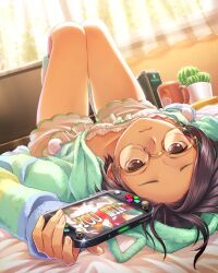 1girl animal_hood bed bedroom bespectacled black_hair breasts brown_eyes cactus closed_mouth collarbone cup curtains dutch_angle furrowed_brow glasses green_hoodie handheld_game_console highres holding holding_handheld_game_console hood hoodie indoors knees_together_feet_apart knees_up kobayakawa_rinko legs_up long_sleeves looking_at_viewer love_plus lying mug official_art on_back on_bed plant potted_plant raised_inner_eyebrows short_hair shorts small_breasts socks solo white_shorts window yellow-framed_eyewear