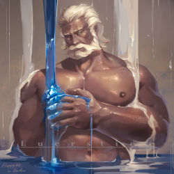 1boy alternate_skin_color artist_name bara beard blind chocolate chocolate_on_body chocolate_on_pectorals completely_nude dark-skinned_male dark_skin facial_hair food_on_body large_pectorals luerstine male_focus mature_male milk muscular muscular_male mustache naked_chocolate navel nipples nude old old_man overwatch overwatch_1 pectoral_lift pectorals pouring reinhardt_(overwatch) scar scar_across_eye scar_on_face short_hair sideburns solo upper_body water white_chocolate white_hair