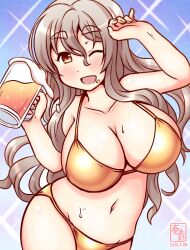 1girl artist_logo beer_mug bikini blue_background blush breasts brown_eyes cup dated drunk gold_bikini gradient_background grey_hair hair_between_eyes hat kanon_(kurogane_knights) kantai_collection large_breasts logo long_hair looking_at_viewer mug navel one-hour_drawing_challenge one_eye_closed open_mouth pola_(kancolle) smile solo swimsuit thick_eyebrows wavy_hair