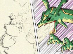 Rule 34 | buck teeth, claws, debudebumetabo, destruction, gag, gen 3 pokemon, gen 8 pokemon, greedent, highres, horns, legendary pokemon, mouth beam, nintendo, open mouth, panels, pokemon, pokemon (creature), rayquaza, teeth
