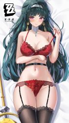 1girl absurdres black_garter_straps black_hair black_thighhighs bra breasts commentary_request copyright_logo dakimakura_(medium) dokimaru earrings garter_straps hairband highres jewelry lace lace_bra lace_panties large_breasts long_hair looking_at_viewer lying microphone_stand navel on_back on_bed panties purple_eyes red_bra red_panties smile solo stomach thighhighs thighs underwear very_long_hair white_hairband zenless_zone_zero