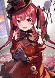 1girl :d black_bow black_gloves black_hat blurry blurry_foreground bow breasts brown_eyes cleavage depth_of_field detached_sleeves dress flower frilled_sleeves frills gloves hair_bow hat hat_flower heterochromia highres hololive houshou_marine indoors juliet_sleeves long_hair long_sleeves looking_at_viewer open_mouth pocket_watch puffy_sleeves red_dress red_eyes red_flower red_hair red_rose red_sleeves rose see-through_clothes see-through_cleavage sleeveless sleeveless_dress sleeves_past_wrists smile solo steepled_fingers twintails very_long_hair virtual_youtuber watch white_flower white_rose window yuusa