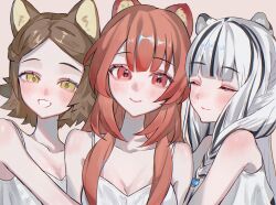 3girls animal_ears atla_fayon bare_shoulders blush braid breasts brown_background brown_hair cleavage closed_eyes closed_mouth collarbone commentary_request commission dog_ears dog_girl facing_viewer highres long_hair looking_at_viewer multicolored_hair multiple_girls open_mouth raccoon_ears raccoon_girl raphtalia red_eyes short_hair simple_background sio_art183 skeb_commission small_breasts smile spaghetti_strap tank_top tate_no_yuusha_no_nariagari tiger_ears tiger_girl two-tone_hair white_hair white_tank_top wyndia_(tate_no_yuusha_no_nariagari) yellow_eyes