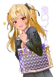 1girl bag blonde_hair blush chiadan7 dark-skinned_female dark_skin dress elf handbag highres hololive hololive_english long_hair long_sleeves looking_at_viewer multicolored_hair ninomae_ina&#039;nis official_alternate_costume open_mouth pin pointy_ears red_eyes sailor_collar shiranui_flare shiranui_flare_(street) sidelocks streaked_hair takodachi_(ninomae_ina&#039;nis) twintails virtual_youtuber