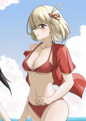 2girls absurdres bikini black_hair blonde_hair blue_sky breasts cleavage cloud collarbone day hair_ribbon highres inoue_takina large_breasts looking_at_viewer lycoris_recoil multiple_girls navel nishikigi_chisato ocean one_side_up open_clothes open_shirt out_of_frame outdoors parted_lips red_bikini red_eyes red_ribbon red_shirt ribbon shirt single_bare_shoulder sky solo_focus stomach swimsuit yuko_(user_uuju2584)