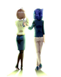 Rule 34 | 2girls, a-chan (hololive), ahoge, backlighting, black jacket, black skirt, blue hair, bow, brown hair, brown pants, brown pantyhose, commentary request, from behind, green sweater, hair bow, harusaki nodoka, high heels, highres, holding, hololive, jacket, lanyard, makishima rin, medium skirt, multiple girls, pants, pantyhose, short hair, skirt, sweater, tears, unworn lanyard, virtual graduation commemoration, virtual youtuber, wiping tears