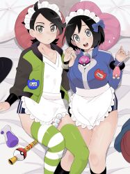 2boys :d apron bed_sheet black_hair black_shorts black_socks blue_bow blue_jacket bow bracelet calem_(pokemon) commentary_request cushion green_jacket green_thighhighs grey_eyes hair_bow hands_up highres jacket jewelry knees lying maid_headdress male_focus master_ball multiple_boys nintendo on_back open_clothes open_jacket open_mouth paxton_(pokemon) poke_ball poke_flute pokemon pokemon_legends:_z-a pokemon_xy potion_(pokemon) sana_(37pisana) shirt short_hair shorts smile socks teeth thighhighs tongue upper_teeth_only waist_apron white_apron white_shirt