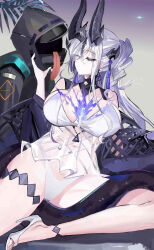 Rule 34 | 1girl, 1other, absurdres, ambiguous gender, arknights, black coat, black horns, black tail, coat, doctor (arknights), dragon girl, dragon horns, dragon tail, fire, hair over one eye, highres, hood, hood up, hooded coat, horns, light in heart, mikuning, multiple horns, necrass (arknights), purple fire, purple light, tail