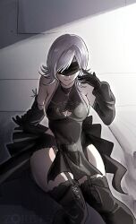 10h_(nier_reincarnation) 1girl black_blindfold black_dress black_sleeves black_thighhighs blindfold breasts closed_mouth commentary detached_sleeves dress english_commentary garter_straps highres large_breasts medium_hair nier_(series) nier_reincarnation on_bed pelvic_curtain sitting smile solo thighhighs white_hair zorb11s