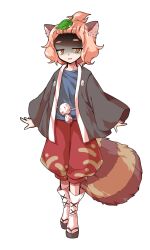1girl alphes_(style) animal_ears black_kimono black_sandals blue_shirt commentary_request dairi full_body japanese_clothes jitome kimono large_variant_set leaf leaf_on_head long_sleeves looking_at_viewer okobo open_clothes open_kimono orange_eyes orange_hair parody parted_lips platform_sandals raccoon_ears raccoon_girl raccoon_tail red_shorts sandals shaded_face shirt short_hair shorts smile socks solo standing style_parody tabi tachi-e tail tanuki_mob_(touhou) thick_eyebrows touhou transparent_background variant_set white_socks wide_sleeves