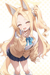 1girl alternate_costume animal_ears arm_at_side black_skirt blonde_hair blue_archive blue_bow blue_bowtie bow bowtie cardigan commentary_request dress_shirt feet_out_of_frame forehead fox_ears fox_tail highres leaning_forward long_hair long_sleeves looking_at_viewer loose_socks miniskirt multicolored_eyes open_mouth pleated_skirt polka_dot polka_dot_background school_uniform seia_(blue_archive) shirt skirt smile socks solo sonao tail two-tone_eyes white_shirt white_socks yellow_cardigan yellow_eyes yellow_nails