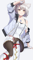 Rule 34 | 1girl, absurdres, animal ears, breasts, cat ears, closed mouth, collarbone, commentary request, crystal, feet out of frame, fingerless gloves, gloves, grey hair, highres, invisible chair, jacket, light smile, looking at viewer, medium breasts, mio (xenoblade), open clothes, open jacket, pants, pants under skirt, pantyhose, pleated skirt, shinae, short hair, simple background, single bare shoulder, sitting, skirt, white background, white gloves, white jacket, white skirt, xenoblade chronicles (series), xenoblade chronicles 3, yellow eyes