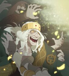 1boy absurdres armor braided_sidelock broken_armor brooch colored_skin commentary crazy_smile crooked_teeth crown dark_background elden_ring english_commentary extra_arms fingernails gauntlets glowing godrick_the_grafted gold_crown gold_trim green_robe grey_skin hair_between_eyes highres huffslove jeweled_crown jewelry long_hair looking_to_the_side old old_man open_mouth portrait robe sharp_fingernails smile solo sparks white_hair yellow_eyes