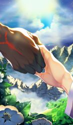 1boy 1other ambiguous_gender black_gloves blue_sky chaldea_uniform charlemagne_(fate) cloud cloudy_sky commentary diffraction_spikes fate/grand_order fate_(series) feet_out_of_frame flower fog fujimaru_ritsuka_(female) fujimaru_ritsuka_(male) gloves hand_focus holding_hands jacket light_rays long_sleeves mountain nature official_art out_of_frame outdoors plant sky sparkle sunlight third-party_source white_flower white_jacket yamaneko_(lasengle)