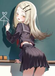 1girl ai_ai_gasa ass black_serafuku blonde_hair chalk chalkboard colored_eyelashes eraser gakuen_idolmaster hair_ornament hairclip half-closed_eyes hand_up highres holding holding_chalk idolmaster indoors light_rays long_hair looking_at_viewer open_mouth parted_bangs school_uniform serafuku shinosawa_hiro shubashuba solo sunbeam sunlight yellow_eyes