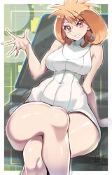 1girl breasts brigette_(pokemon) collarbone covered_navel creatures_(company) crossed_legs dress fingernails game_freak green_background handheld_game_console highres large_breasts long_fingernails nintendo nintendo_3ds orange_eyes orange_hair pokemon pokemon_bank short_dress short_hair sitting smile solo sweater sweater_dress thick_thighs thighs turtleneck turtleneck_sweater waving wide_hips yasu_suupatenin