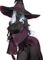 1girl beruka_(beruyon) black_skin breasts colored_skin dark-skinned_female dark_skin elden_ring elden_ring_nightreign hat hat_over_eyes highres large_breasts large_hat long_hair purple_hat recluse_(elden_ring) simple_background solo thick_thighs thighs very_dark_skin white_hair witch witch_hat
