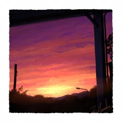 alu.m_(alpcmas) border commentary_request evening gradient_sky highres lamppost mountain no_humans orange_sky original partial_commentary purple_sky scenery signature sky sky_focus utility_pole white_border