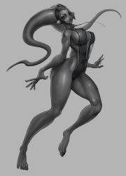 1girl barefoot breasts cleavage collar curvy feet female_focus fishnet_leotard fishnets full_body grey_background greyscale large_breasts legs leotard looking_at_viewer monochrome muscular neonbancor oola revealing_clothes shiny_skin simple_background slave solo star_wars tiara twi&#039;lek wide_hips