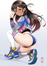 1girl absurdres album_cover_redraw ass blush camera derivative_work highres kanojo_okarishimasu long_hair looking_at_viewer mizuhara_chizuru model non-web_source on_one_knee one-piece_swimsuit photo_shoot solo sportswear studio studio_lights swimsuit taking_picture