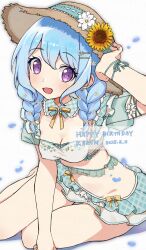 absurdres aqua_hair bang_dream! bare_legs blush bow breasts cleavage collarbone flower flower_on_head flower_ornament hair_ornament hat highres kio_(bangskosko) legs matsubara_kanon open_mouth purple_eyes simple_background sitting skirt smile stomach straw_hat sunflower swimsuit white_flower yellow_bow