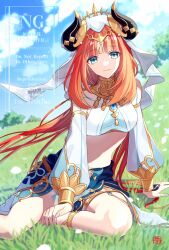 1girl aqua_eyes blue_nails blue_skirt blue_sky breasts circlet closed_mouth cloud commentary crop_top day fake_horns fingernails genshin_impact gold_trim grass highres horns jewelry kashima_yue light_smile long_hair long_sleeves looking_at_viewer medium_breasts nail_polish nilou_(genshin_impact) on_grass outdoors parted_bangs puffy_long_sleeves puffy_sleeves red_hair sitting skirt sky solo stomach thighlet veil very_long_hair white_veil