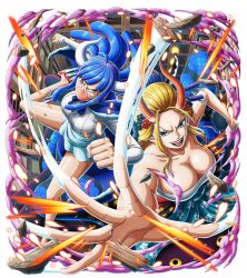 Rule 34 | 2girls, bare shoulders, black maria (one piece), blonde hair, blue eyes, blue hair, breasts, cleavage, collarbone, hair ornament, horns, japanese clothes, large breasts, lipstick, long hair, makeup, multiple girls, one piece, sarashi, ulti (one piece)