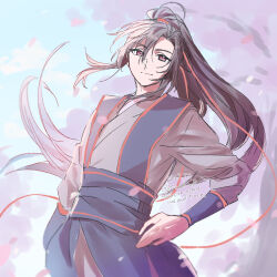 Rule 34 | 1boy, ahoge, bishounen, black hair, black hanfu, blue sky, cherry blossoms, chinese clothes, closed mouth, day, falling petals, floating hair, hair between eyes, hair ribbon, hand on own hip, hanfu, high ponytail, highres, kimako (kimako 8), long hair, long sleeves, looking at viewer, male focus, modao zushi, outdoors, petals, ponytail, red eyes, red ribbon, ribbon, sash, sidelocks, sky, smile, solo, standing, tree, tunic, twitter username, very long hair, watermark, wei wuxian