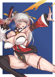 Rule 34 | 1girl, absurdres, armpit crease, armpits, bare hips, bare shoulders, blunt bangs, breasts, bubu (snowbreak), china dress, chinese clothes, cleavage, clothing aside, dress, ebonyxh, fighting stance, flying sweatdrops, gradient hair, grey eyes, groin, gun, handgun, highres, holding, holding gun, holding weapon, large breasts, multicolored hair, orange hair, pelvic curtain, pelvic curtain aside, pointy breasts, sagging breasts, shiny skin, single thighhigh, skindentation, snowbreak: containment zone, steaming body, sweat, thighhighs, two-tone hair, weapon, white hair