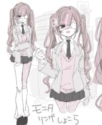 :d arm_at_side artist_name black_eyes black_necktie black_shoes black_skirt blazer brown_hair character_name clenched_hand clip_studio_paint_(medium) collared_shirt commentary_request cropped_legs dress_shirt eyepatch fisheye gato_chocola grey_jacket hand_on_own_arm hand_up indie_virtual_youtuber jacket knocking leg_warmers long_hair looking_at_viewer looking_to_the_side medical_eyepatch mi_398 miniskirt monitoring_(vocaloid) multicolored_eyes multiple_views necktie one_eye_covered open_mouth parody parted_lips partially_shaded_face pink_hair pink_streaks pink_sweater pleated_skirt red_eyes school_uniform shaded_face shirt shoes simple_background sketch skirt smile song_name standing sweater twintails two-tone_eyes virtual_youtuber watermark white_background white_leg_warmers white_shirt