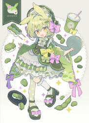 1girl :d animal_ears apron asymmetrical_legwear bow commentary_request cup dress dress_bow frilled_socks frills full_body green_bonnet green_dress green_hair green_pantyhose green_shoes hair_bow highres kanamochi_kanato kneehighs long_hair long_sleeves looking_at_viewer open_mouth pantyhose pea_pod pink_bow plate polka_dot_pantyhose ponytail ribbon-trimmed_sleeves ribbon_trim shoes single_kneehigh single_sock smile socks solo standing twitter_username voicevox white_apron white_socks wide_sleeves yellow_eyes zunda_mochi zundamon
