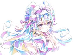 1girl black_choker bright_pupils choker commentary_request frilled_hairband frills genshin_impact hairband hand_to_own_mouth nihongami partial_commentary portrait signature simple_background smile solo touka_(pixiv71609120) white_background white_pupils yumemizuki_mizuki