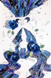 Rule 34 | 1girl, blue flower, blue hair, blue rose, blue sailor collar, blue skirt, blue sleeve cuffs, blue theme, closed eyes, closed mouth, commentary, cowboy shot, facing viewer, flower, from above, hair between eyes, hatsune miku, interlocked fingers, leaf, long hair, long sleeves, lying, masking tape (medium), mixed media, on back, own hands together, papercraft (medium), photo (medium), rose, ryakutya5959, sailor collar, shirt, skirt, solo, star (symbol), traditional media, twintails, unconventional media, very long hair, vocaloid, white background, white shirt