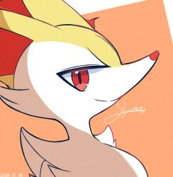 Rule 34 | animal ear fluff, braixen, closed mouth, commentary request, gen 6 pokemon, inariya (pixiv 88175043), nintendo, orange background, pokemon, pokemon (creature), red eyes, signature, smile, solo, split mouth, upper body