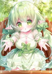 Rule 34 | 1girl, blush, bow, breasts, cleavage, commentary, commission, dress, green bow, green dress, green eyes, green hair, green scrunchie, hair between eyes, hair bow, hamiyamiko, highres, long hair, looking at viewer, medium breasts, open mouth, original, outstretched arms, pointy ears, scrunchie, solo, twintails, very long hair