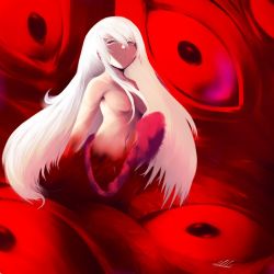 1girl breasts eldritch_abomination extra_eyes hair_between_eyes hair_over_breasts highres kelbhin long_hair medium_breasts naraku naraku_2 neun_02 no_legs no_nipples nude red_eyes red_theme solo tentacles very_long_hair white_hair