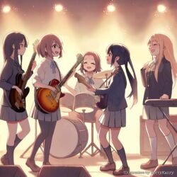 5girls akiyama_mio artist_name bass_guitar berrykanry black_hair black_pantyhose black_socks blazer blonde_hair blue_jacket blue_ribbon brown_eyes brown_footwear brown_hair closed_eyes collared_shirt commentary_request drum drum_set facing_another forehead grey_skirt guitar hair_ornament hairclip highres hirasawa_yui ho-kago_tea_time holding holding_bass_guitar holding_guitar holding_instrument instrument jacket k-on! kneehighs kotobuki_tsumugi loafers long_hair looking_at_another multiple_girls nakano_azusa neck_ribbon open_mouth pantyhose pleated_skirt ribbon sakuragaoka_high_school_uniform school_uniform shirt shoes short_hair sidelocks sitting skirt socks standing tainaka_ritsu tongue twintails watermark white_shirt white_socks