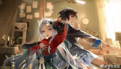 Rule 34 | 1boy, 1girl, back-to-back, black hair, black jacket, blue eyes, blurry, blurry background, braid, colored skin, couch, green skin, guilongchao, hair over shoulder, hand on own chest, hand on own head, hands up, highres, indoors, jacket, jewelry, lin (guilongchao), long hair, looking at viewer, mole, mole under eye, nanchi fantuan, official art, open mouth, outstretched arm, profile, red eyes, red jacket, ring, short hair, single braid, stairs, tong (male) (guilongchao), watermark, weibo watermark, white hair