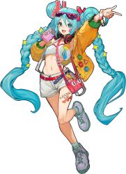 1girl :d aqua_eyes aqua_hair bag balloon belt braid braided_bun commentary_request digital_stars digital_stars_miku digital_stars_miku_(2025) double_bun eyewear_on_head finger_gun foot_up full_body hair_between_eyes hair_bun hair_ornament handheld_game_console hatsune_miku headphones headphones_around_neck heart heart_tattoo heisei_retro highleg highleg_panties highres holding holding_handheld_game_console jacket lack leg_tattoo leg_up long_hair midriff navel official_art open_clothes open_jacket open_mouth panties panty_straps pixelated red_belt second-party_source shoes shoulder_bag simple_background smile solo sticker_on_face sunglasses tachi-e tattoo teeth tongue transparent_background twintails underwear upper_teeth_only very_long_hair vocaloid webp-to-png_coversion white_shoes yellow_jacket