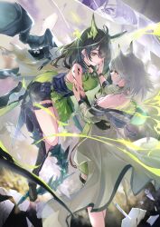 Rule 34 | 3girls, ahoge, animal ear fluff, animal ears, arknights, baobav, bare shoulders, belt, belt pouch, black belt, black boots, black collar, black hair, black hands, black shorts, black tail, boots, bracelet, cat ears, collar, colored extremities, commentary, detached collar, diamond-shaped pupils, diamond (shape), dress, fake animal ears, glass shards, green dress, green eyes, green hair, hair between eyes, hand on another&#039;s face, highres, hood, hooded jacket, huge ahoge, jacket, jewelry, kal&#039;tsit (arknights), knee boots, long sidelocks, medium hair, mon3tr (arknights), multicolored hair, multiple girls, off-shoulder dress, off-shoulder jacket, off shoulder, pelvic curtain, pouch, priestess (arknights), see-through clothes, see-through jacket, short shorts, shorts, side slit, sidelocks, sideways glance, smile, symbol-shaped pupils, thigh strap, three-quarter sleeves, white hair, zipper footwear